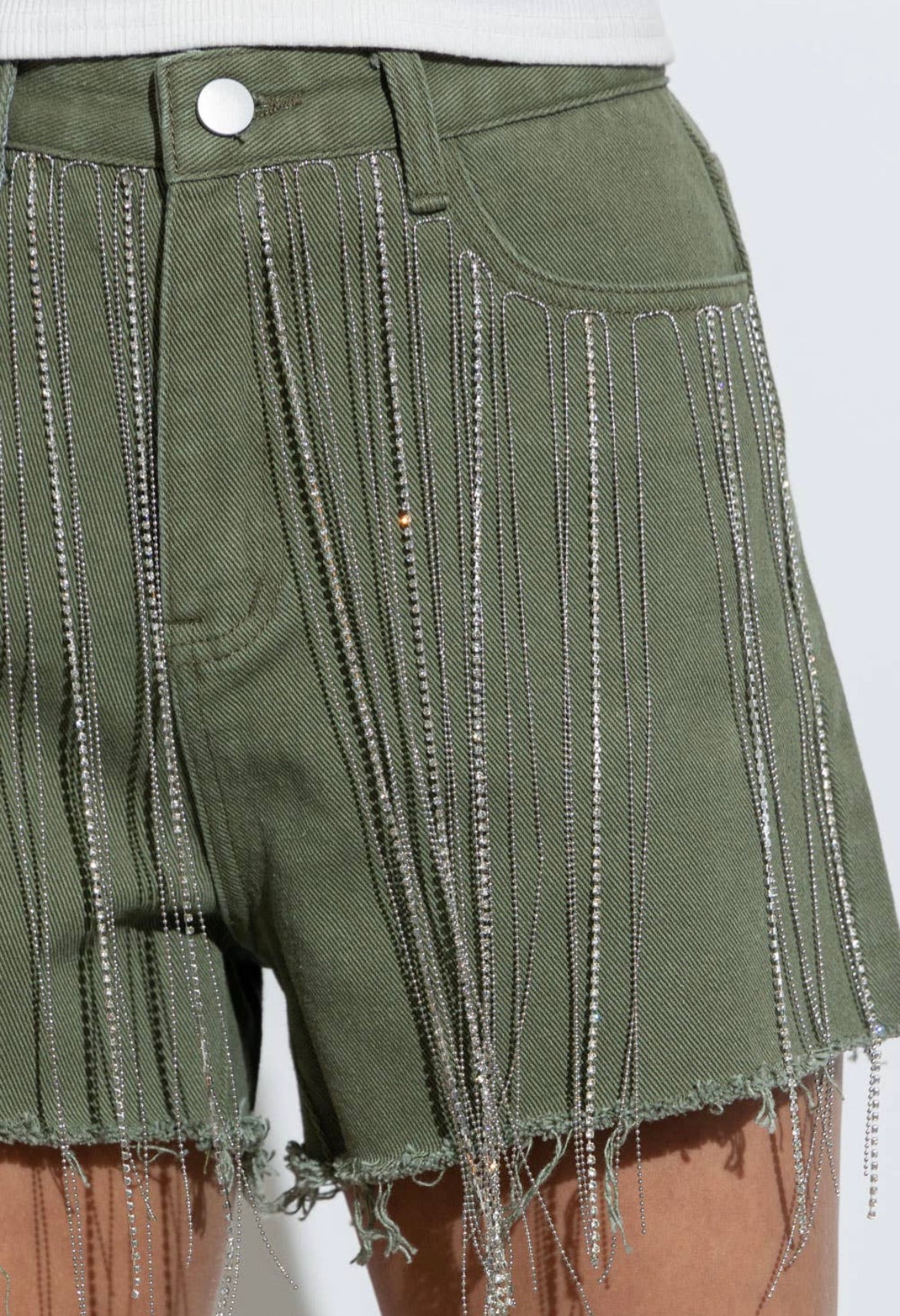 Olive Rhinestone Denim Shorts